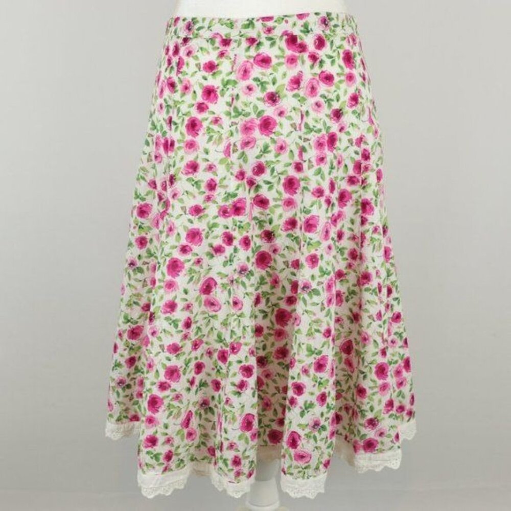 Dress Barn Women's Size 6 Pink Green Rose Floral Lace Trimmed A-Line Skirt